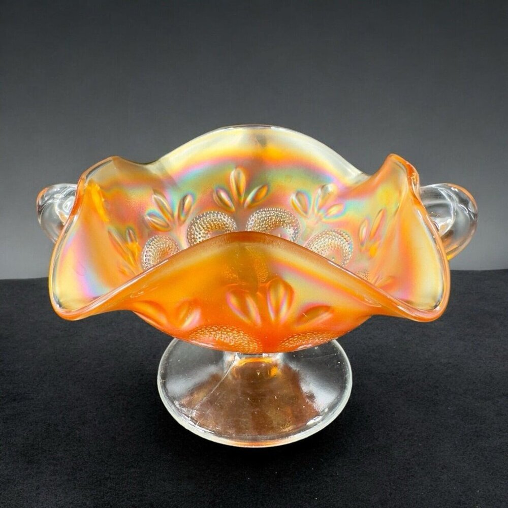 Dugan Iridescent Marigold Bonbon Compote Dish Bowl Glass Vintage Glass Decor VTG